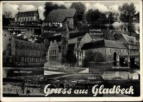 Ak Gladbeck im Ruhrgebiet, Haus Wittringen mit Heimatmuseum, Stadion, Mühle