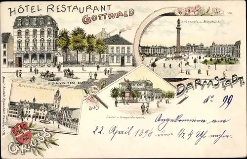 Litho Darmstadt in Hessen, Luisenplatz, Denkmal, Hotel Restaurant Gottwald, Marktplatz, Theater