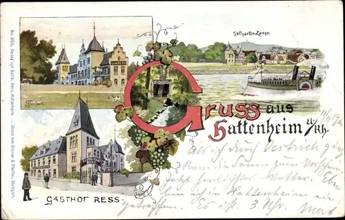 Litho Hattenheim Eltville am Rhein Hessen, Gasthof Ress, Hallgarter Zange, Salondampfer