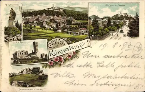 Litho Königstein im Taunus, Ruine, Brunhildsbett auf dem Feldberg, Straße, Kriegerdenkmal