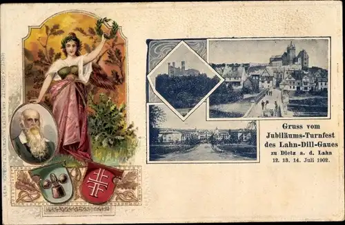 Präge Passepartout Ak Diez an der Lahn, Jubiläums Turnfest des Lahn Dill Gaues 1902, Turnvater Jahn