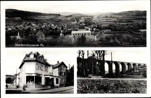 Ak Niedernhausen im Taunus Hessen, Cafe und Konditorei, Viadukt, Blick auf den Ort