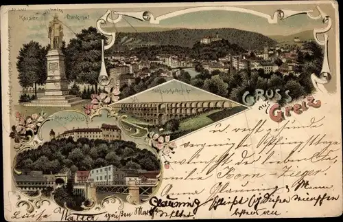 Litho Greiz im Vogtland, Göltzschtalbrücke, Kaiser Wilhelm Denkmal, Schloss, Totale
