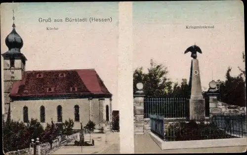 Ak Bürstadt in Hessen, Straßenpartie mit Blick auf Kirche und Kriegerdenkmal