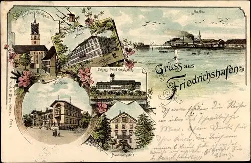 Litho Friedrichshafen am Bodensee, Hafen, Schloss, Paulinenstift, Kurhaus, Hotel Deutsches Haus