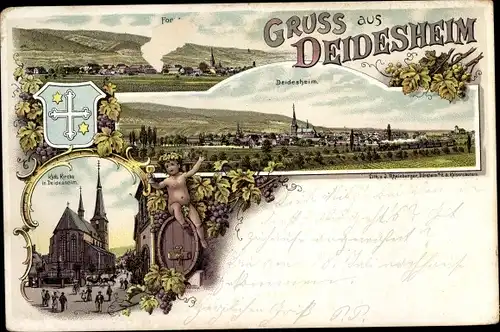 Litho Deidesheim in der Pfalz, Katholische Kirche, Blick auf den Ort, Wappen