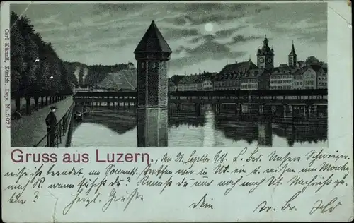 Mondschein Litho Luzern Stadt Schweiz, Flusspartie, Brücke, Nachtszene