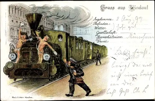 Litho Lindau am Bodensee Schwaben, Deutsche Eisenbahn, Bahnhof, Dampflok