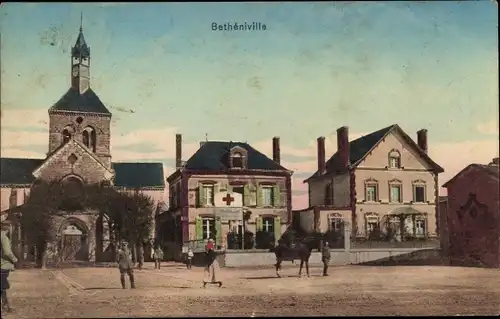 Ak Bétheniville Marne, Straßenpartie mit Blick auf die Kirche, Rotes Kreuz, Soldaten