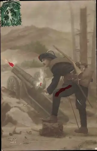 Ak Französischer Soldat zündet ein Geschütz