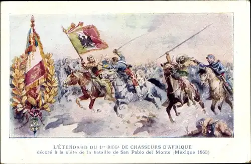 Künstler Ak Mexiko, L'Etendard du 1er Reg. de Chasseurs d'Afrique, Bataille de San Pablo del Monte