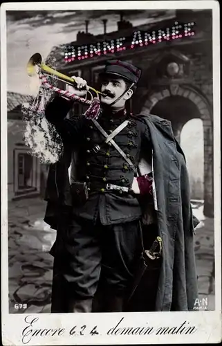 Ak Glückwunsch Neujahr, Encore 624 demain matin, französischer Soldat in Uniform, Husar