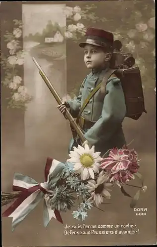 Ak Je suis ferme comme un rocher, Junge in französischer Uniform, Blumen, Gewehr