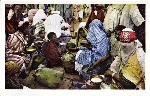 Ak Scenes et Types, Marchand de soupe, Maghreb, verschleierte Frau, Händler