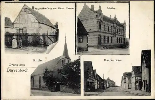 Ak Durrenbach Dürrenbach Elsass Bas Rhin, Spezereihandlung, Kirche, Schulhaus, Hauptstraße