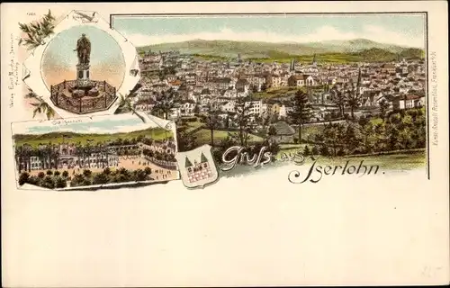 Litho Iserlohn im Märkischen Kreis, Kaiser Denkmal, Totalansicht der Ortschaft