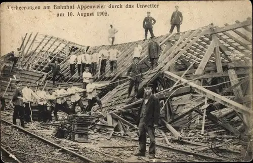 Ak Appenweier in Baden Schwarzwald, Verheerungen am Bahnhof durch Unwetter 10.8.1905