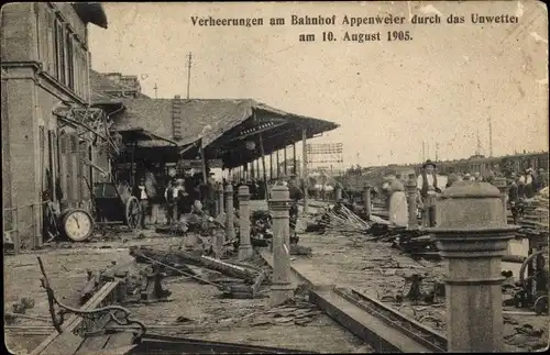 Ak Appenweier in Baden Schwarzwald, Verheerungen am Bahnhof durch Unwetter 10.8.1905