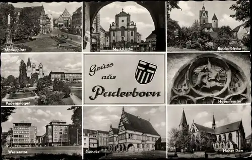 Ak Paderborn in Westfalen, Hasenfenster, marktkirche, Westerntor, Paderanlagen, Hoher Dom, Rathaus