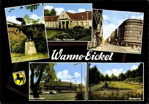 Ak Wanne Eickel Herne im Ruhrgebiet, Hauptbahnhof, Straßenseite, Hauptstraße, Denkmal