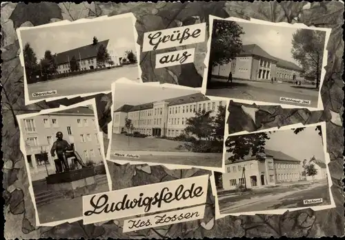 Ak Ludwigsfelde in Brandenburg, Klubhaus JWL, Oberschule, Postamt, Denkmal