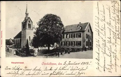 Ak Niefern Öschelbronn in Baden, Hauptstraße mit Kirche, Denkmal, Gasthaus