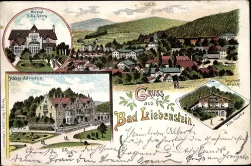 Litho Bad Liebenstein im Thüringer Wald, Villa Georg, Villa Feodora, Schloss Altenstein, Totale