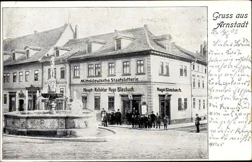 Ak Arnstadt in Thüringen, Mitteldeutsche Staatslotterie, Hauptkollektur, Brunnen