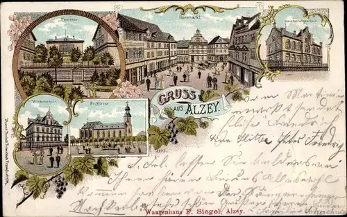 Litho Alzey in Rheinhessen, Haushaltungsschule, Rossmarkt, Seminar, Kirche, Winterschule