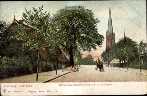 Ak Hamburg Nord Barmbek, Hufnerstraße, Bauernhaus, Pferdekutsche, Kirche