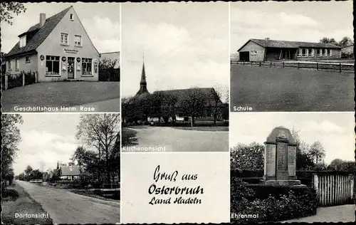 Ak Osterbruch in Niedersachsen, Geschäftshaus, Kirche, Schule, Dorf, Ehrenmal