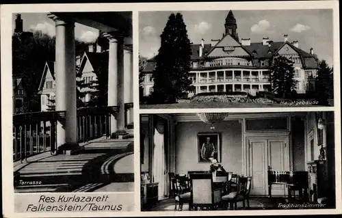 Ak Falkenstein Königstein im Taunus, Res. Kurlazarett, Terrasse, Hauptgebäude, Traditionszimmer