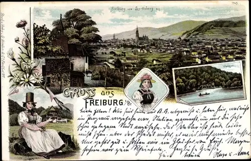 Litho Freiburg im Breisgau Baden Württemberg, Blick vom Lorettoberg, Waldsee, Tracht