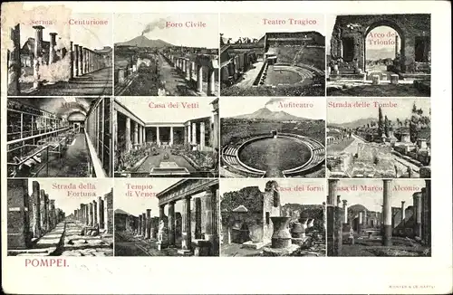 Ak Pompei Campania, Teatro Tragico, Foro Civile, Museo, Strada delle Tombe, Casa di Marco Alconio