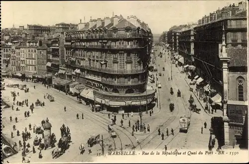 Ak Marseille Bouches du Rhône, Rue de la Republique et Quai du Port