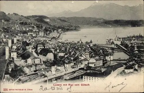 Ak Luzern Stadt Schweiz, Panorama mit Rigi vom Gütsch
