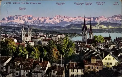Ak Zürich Stadt Schweiz, Stadt von der Urania aus gesehen, Pfannenstock, Glärnisch