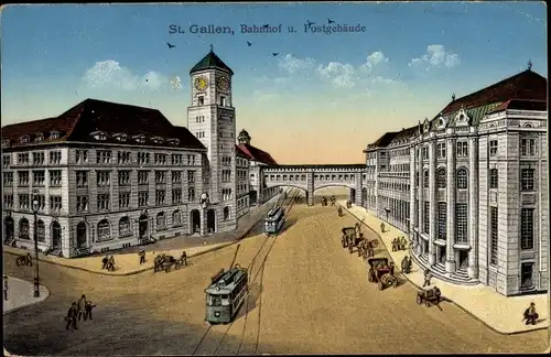 Ak Sankt Gallen Stadt Schweiz, Bahnhof, Postgebäude