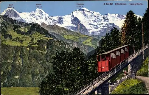 Ak Interlaken Kanton Bern Schweiz, Harderbahn, Eiger, Mönch, Jungfrau