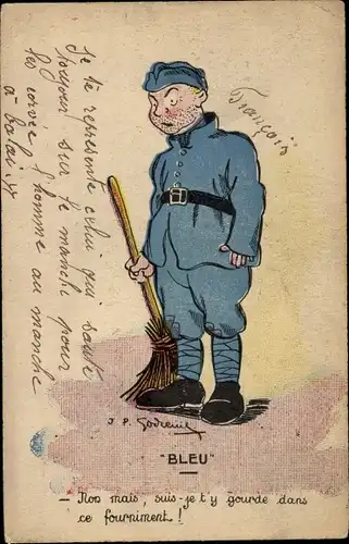 Künstler Ak Bleu, französischer Soldat in Uniform mit Besen