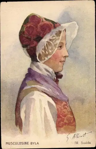 Künstler Ak Albinet, G., Musculosine Byla, IV. Suède, Schweden, Frau in Volkstracht