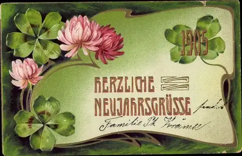 Präge Litho Glückwunsch Neujahr, Jahreszahl 1905, Kleeblätter