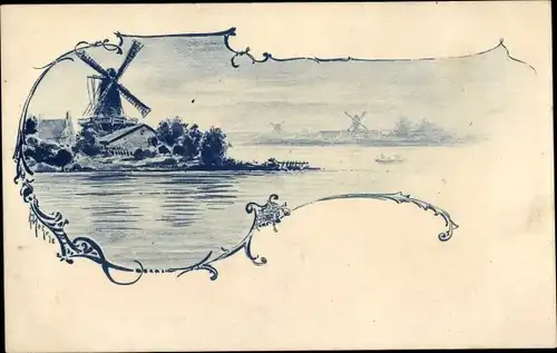Ak Landschaft mit Windmühle am Ufer