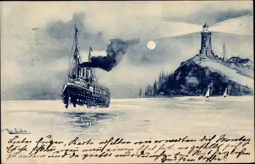 Künstler Ak Dampfer auf dem Meer bei Nacht, Leuchtturm, Mondschein