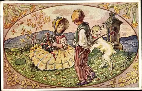 Ak Glückwunsch Ostern, Mädchen mit Osterkranz, Junge, Lamm