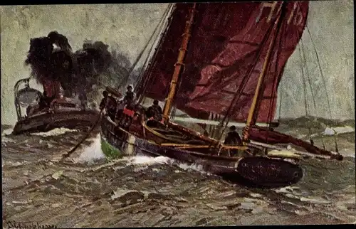 Künstler Ak Segelboot auf dem Meer, Kriegsschiff