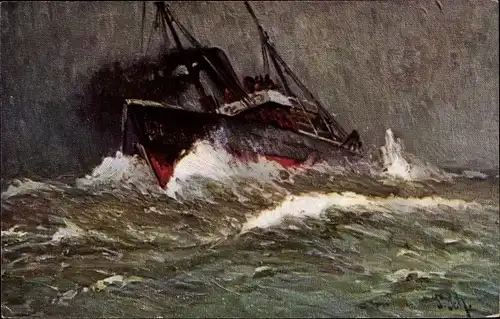 Künstler Ak Dampfer bei schwerem Seegang