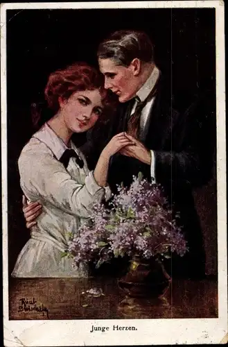 Künstler Ak Gnischaf, Ruab, Junge Herzen, Liebespaar, Blumenvase, Hände