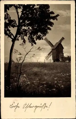 Ak Glückwunsch Ostern, Landschaft mit Windmühle