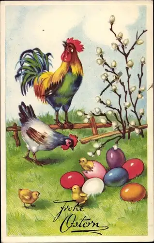 Ak Glückwunsch Ostern, Bunte Ostereier, schlüpfende Küken, Hahn, Huhn, Weidenkätzchen
